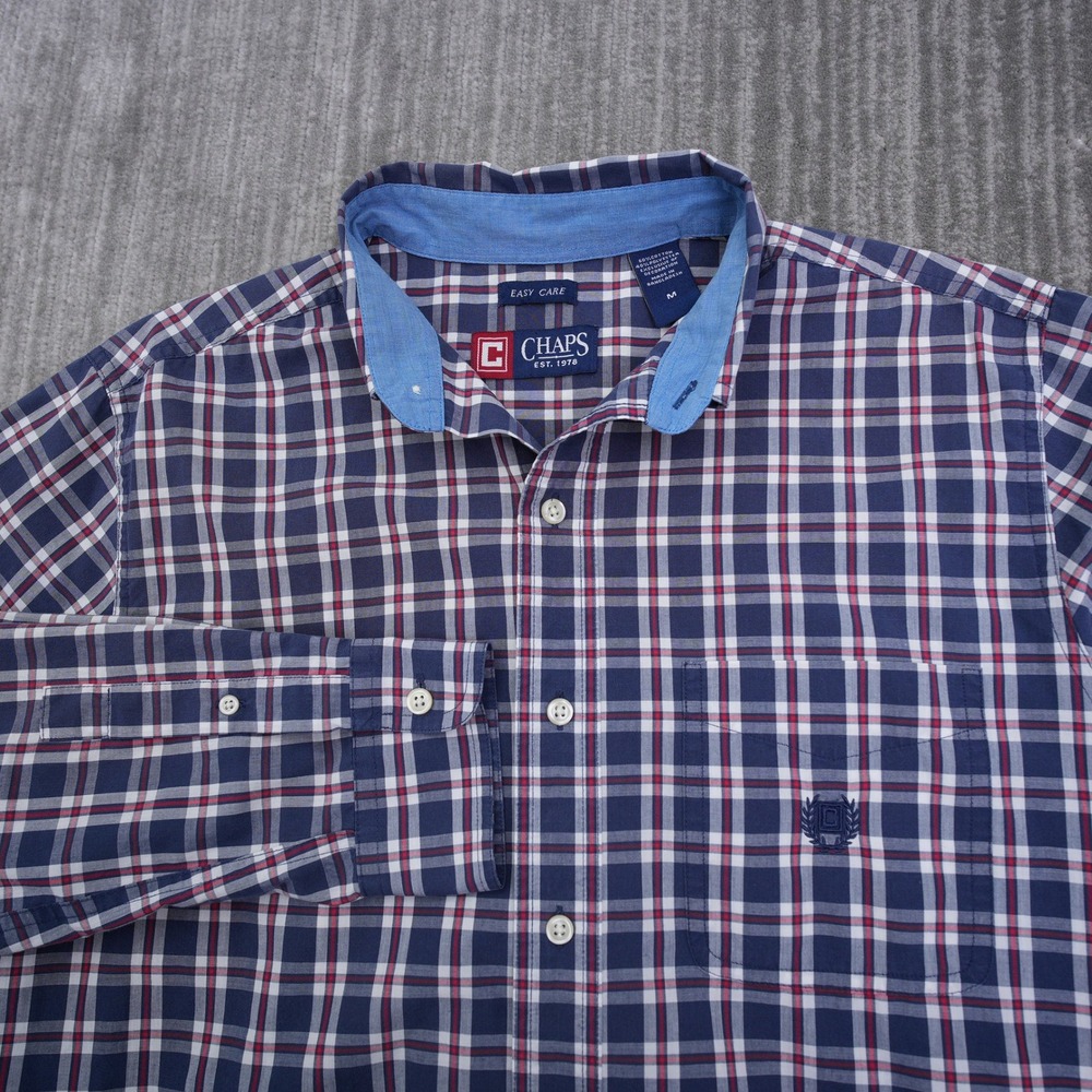 Chaps Men Easy Care Plaid Button Down Shirt Navy Red White Size M Long Sleeve